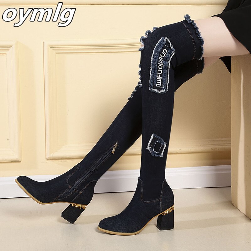 Womens Denim Boots Over The Knee Pointed Toe Thick High Heels Shoes Woman Casual Tassel Cut Out Jeans Long Botas Mujer