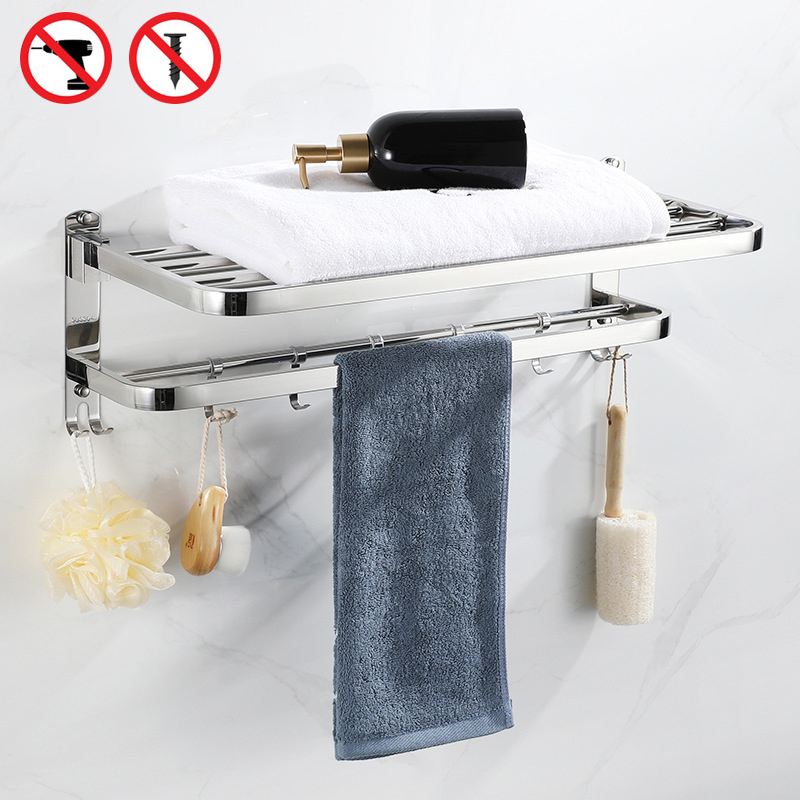Wall Mounted Folding Movable Towel Rack Stainless Steel Polished Organizer Towel Holder Storage Shelf Hook bathroom Accessories