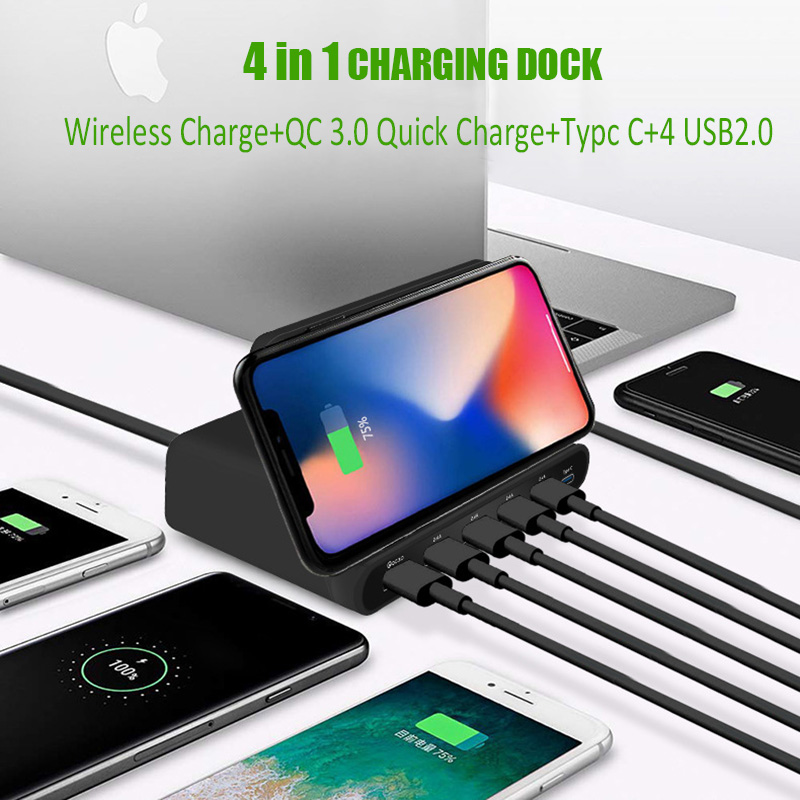 Multi-Port Usb Charger Draadloos Opladen Dock Type C QC3.0 Port Smart Snel Opladen Draagbare Reizen Snelle Charger Us Eu uk Plug
