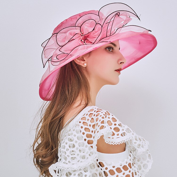 Chapeau de soleil pour femme, chapeau d'été en maille avec fleurs, grand chapeau de plage à large bord ondulé