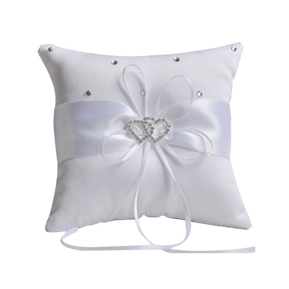 Wedding Ring Pillow Ribbon Bowknot Rhinestones Heart Decoration Party Satin Cushion INTE99: White 20x20CM