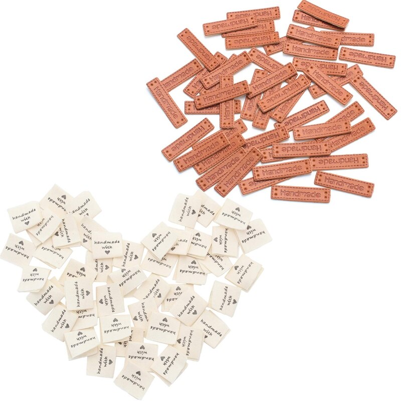 50 Stuks Handgemaakte Stof Labels & 50 Pu Leer... – Grandado