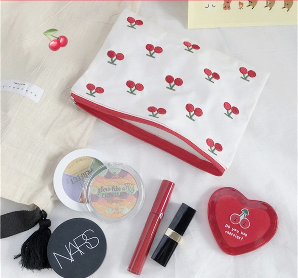 1 pc ins kirsebærrød plaid makeup læbestift taske unge piger sød clutch make up håndleds taske til kvinder rejse kosmetik taske