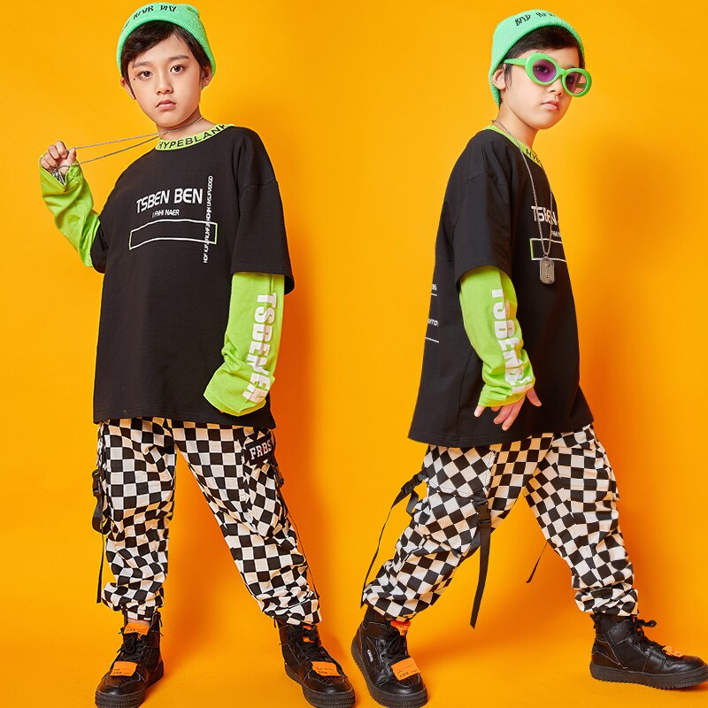 Black Jazz Dance Costumes For Boys Street Dance Performance Clothing Practice Clothes Kids Stitching Hip Hop Rave Outfit DC2957