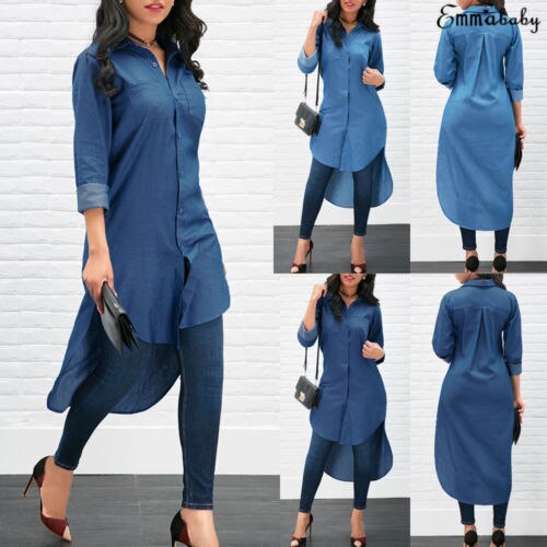 Nova moda feminina denim camisa azul manga longa blusa solta senhora casual jean blusa camisas verão outono camisa longa