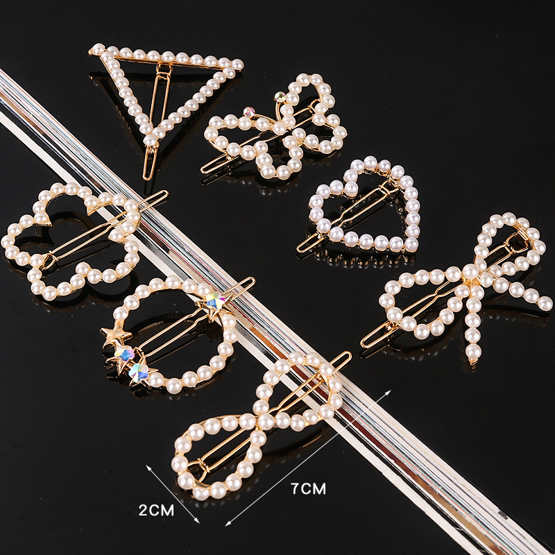 Horquilla de aleación geométrica de pentagrama de perlas de arco de para niña, Clip para el cabello minimalista, accesorios para el cabello con forma de corazón de diamante