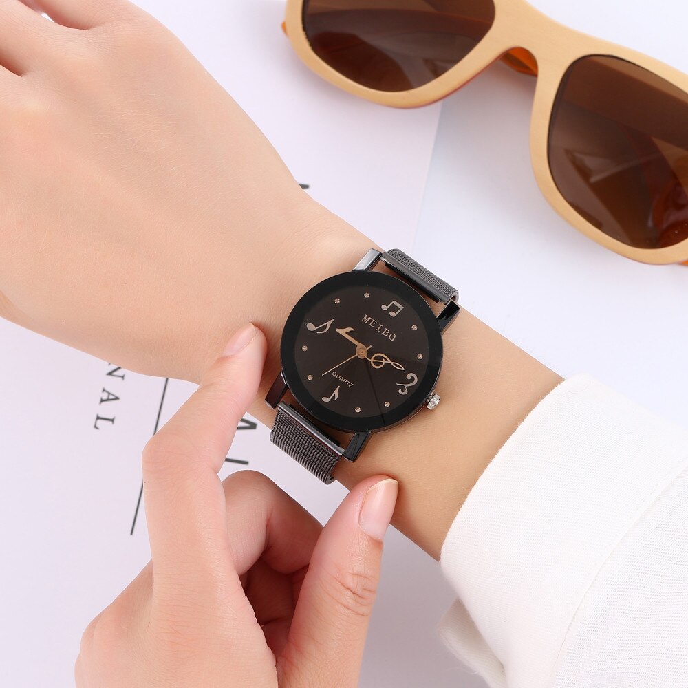 Women Watch Music Note Pointer Casual Quartz Stainless Steel Mesh Strap Watch Analog Wrist Watch Ladies Bracelet Watches