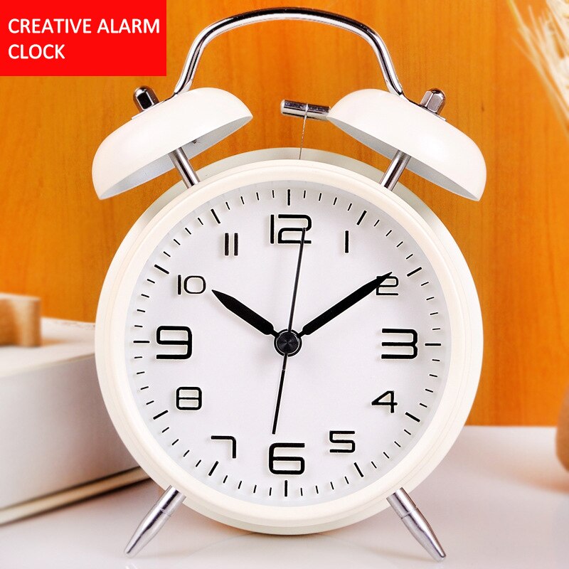 Reloj despertador de doble campana de 4 pulgadas para niños, cronógrafo de Metal con personalidad, , luminoso, para sentarse, decoración del hogar: White
