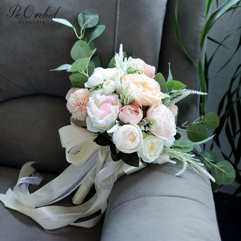 Peorchid champagne pink brudebuket silke blomster brudepige eucalyptus pæoner kunstig buket mariage dekoration