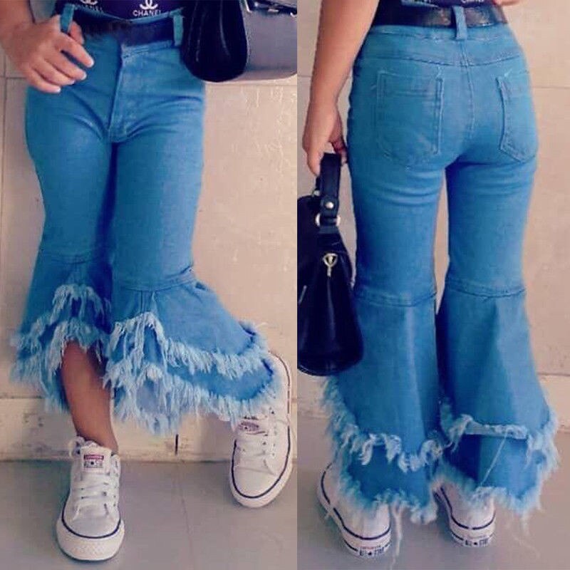 Newborn Toddler Kids Baby Girl Tassel Long Jeans Denim Ruffle Flared Pant Bell-bottom Trouser Girls Clothes 2-7Years