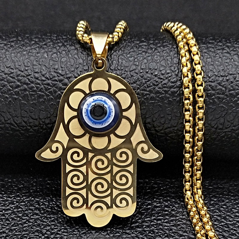 Islam Hamsa-collar de ojo Azul malvado, joyería griega de acero inoxidable, ojo turco, N1258S02: PLATEADO
