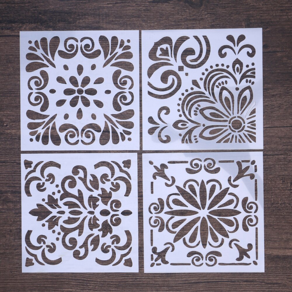 4 Sheets Stencils Set Cut Painting Stencil Floor Wall Tile Fabric Wood Stencils Drawing Templates Hallow Painting Stenci
