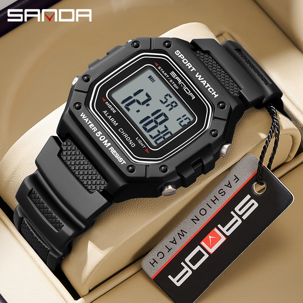 SANDA 2156 Herrenuhr, neues Modell, elektronisches digitales Uhrwerk, rechteckiges LED-Anzeige, Zifferblatt, draussen-Sport, wasserdichte männliche Armbanduhr