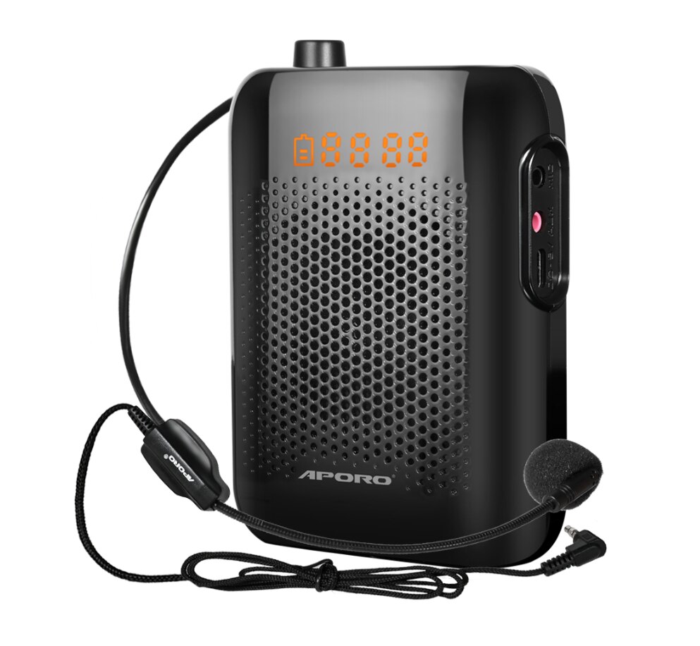 20w amplificador de voz portátil mini som amplificando t30 música jogando com fio microfone fone de ouvido e cós 2000mah bateria: Black