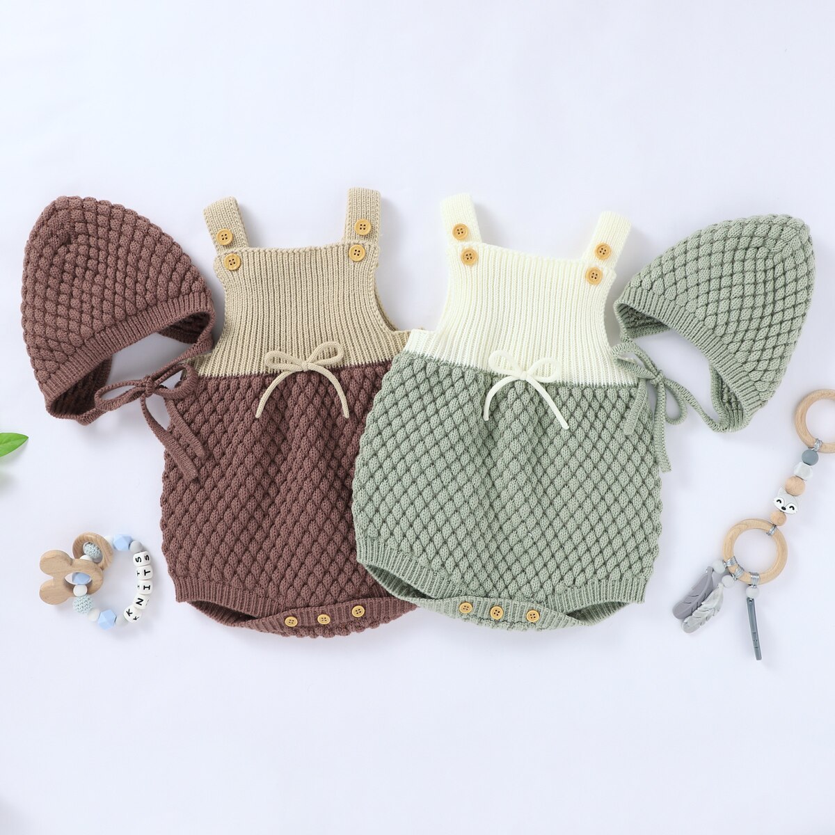 Focusnorm 0-24M Nieuw Baby Meisjes Jongens Rompertjes Hoeden Knit Patchwork Mouwloze Jumpsuits Trui 4 Kleuren