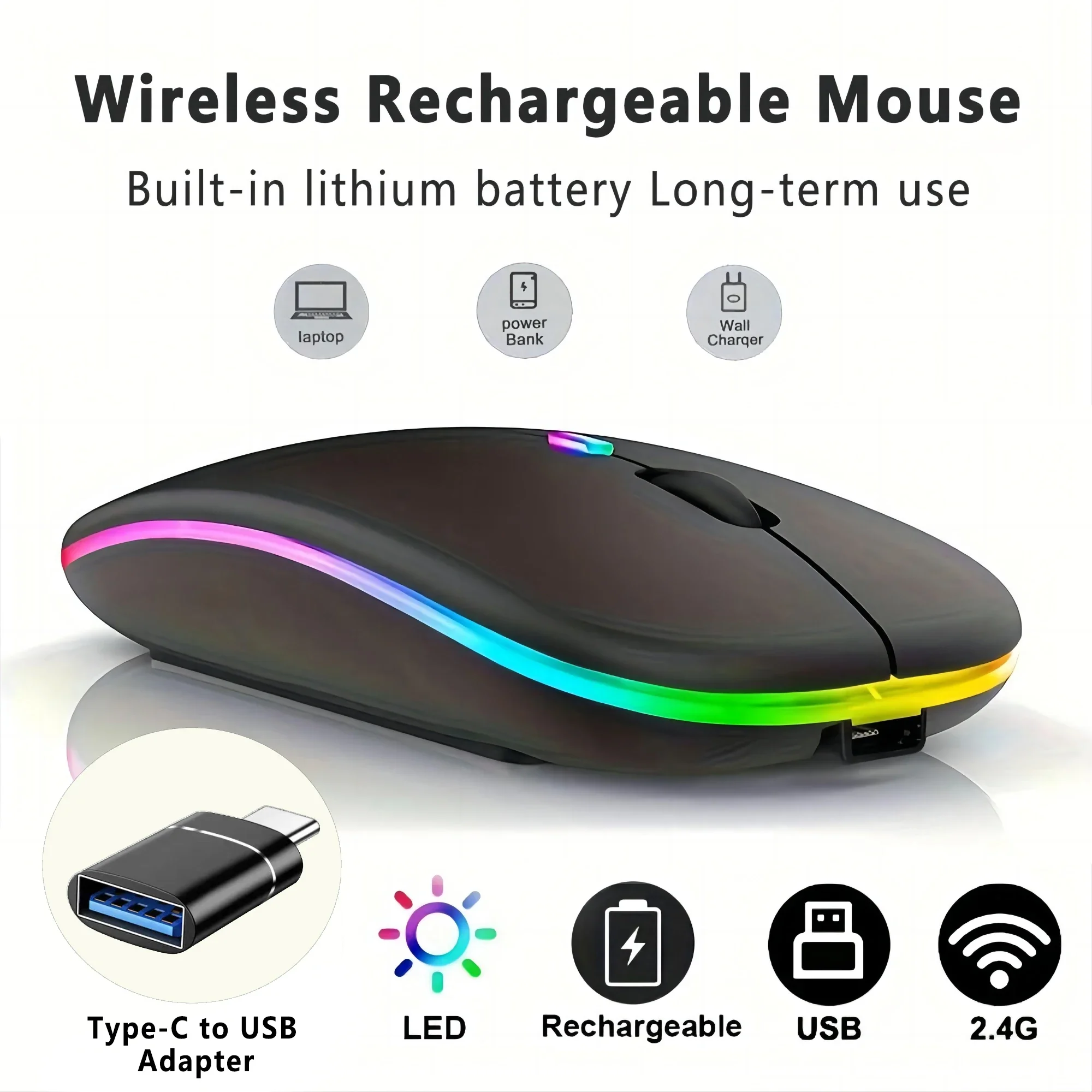Trådløs bluetooth-mus med type-c til usb-adapter, genopladelig usb, udstyret med bluetooth-gamingmus, egnet til ma
