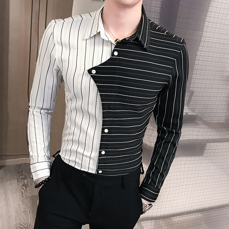 Randig skjorta herr långärmad slim fit svart vit kontrastfärg patchwork camisa hombre casual koreanska höstskjortor  v210