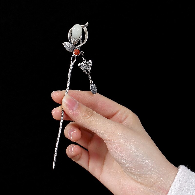 925 Sterling Silver Vintage Magnolia Flower Butterfly Pin Chinese Style Hair Stick For Women Metal Hairpin Jewelry Accessories