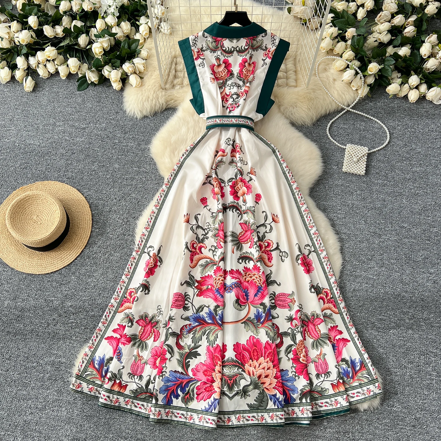 Print Single Breasted Sashes Vintage Notched Collar Sleeveless Slim Long Dresses Evening High Street Clothing