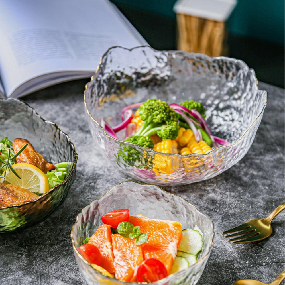Irregular Gold Inlay Edge Glass Salad Bowl Fruit Rice Serving Bowls Food Storage Container Lunch Bento Box Decoration Tableware