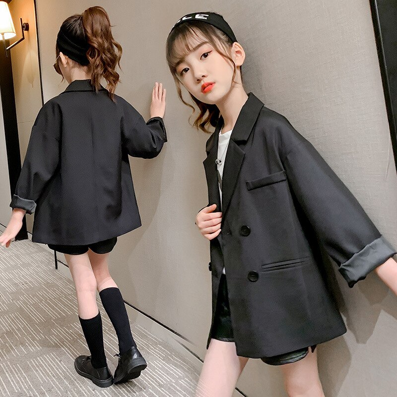 4-14 años chaqueta para niños y niñas blazer negro, otoño de los niños prendas de vestir ropa para 12 años chica adolescente traje de la ropa de los niños