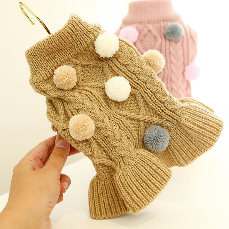 Ropa cálida para perro, suéter para mascotas, vestido de cuello alto, suéteres para cachorros, Falda de punto con pompón, ropa de invierno para mascotas pequeñas