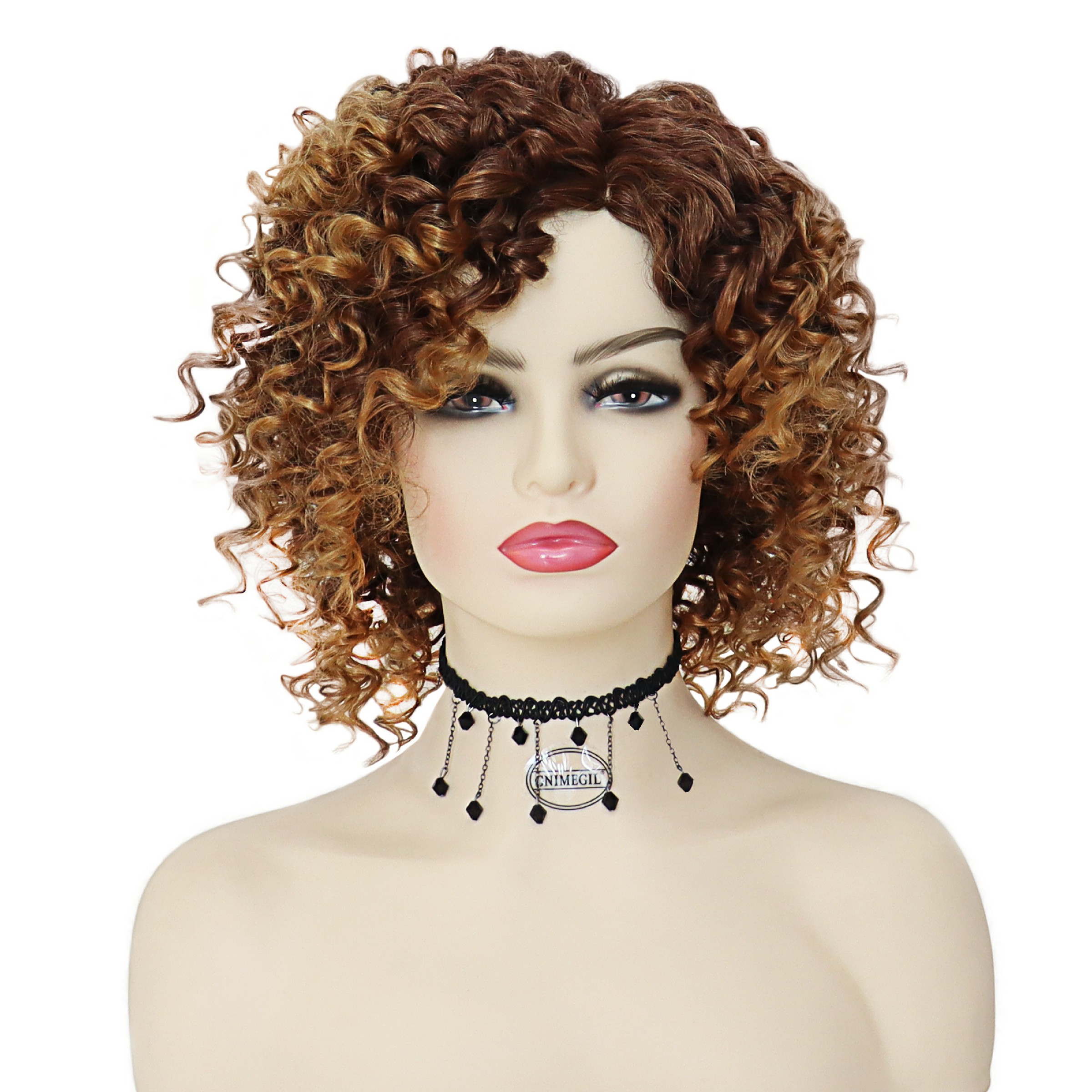 GNIMEGIL African American Wigs Female Synthetic Short Afro Kinky Curly Wigs for Black Women Natural Hair Ombre Dark Brown Roots: Ombre Light Brown