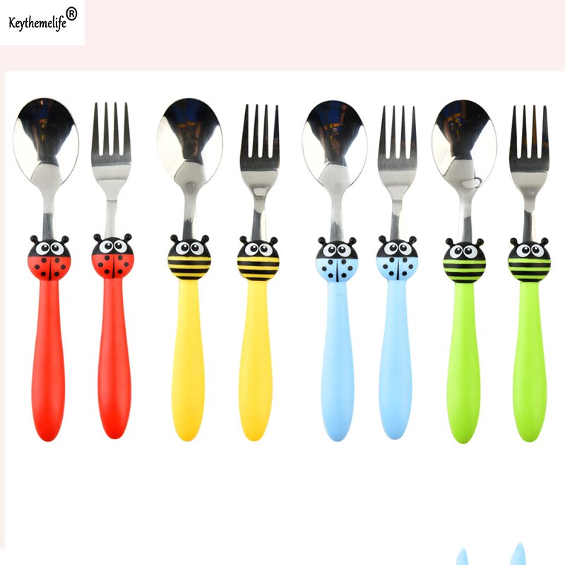 2 sztuk/zestaw kreskówka przenośne dzieci sztućce biedronka pszczoła zestawy obiadowe sztućce dla dzieci garnitur widelec ze stali nierdzewnej zestaw D