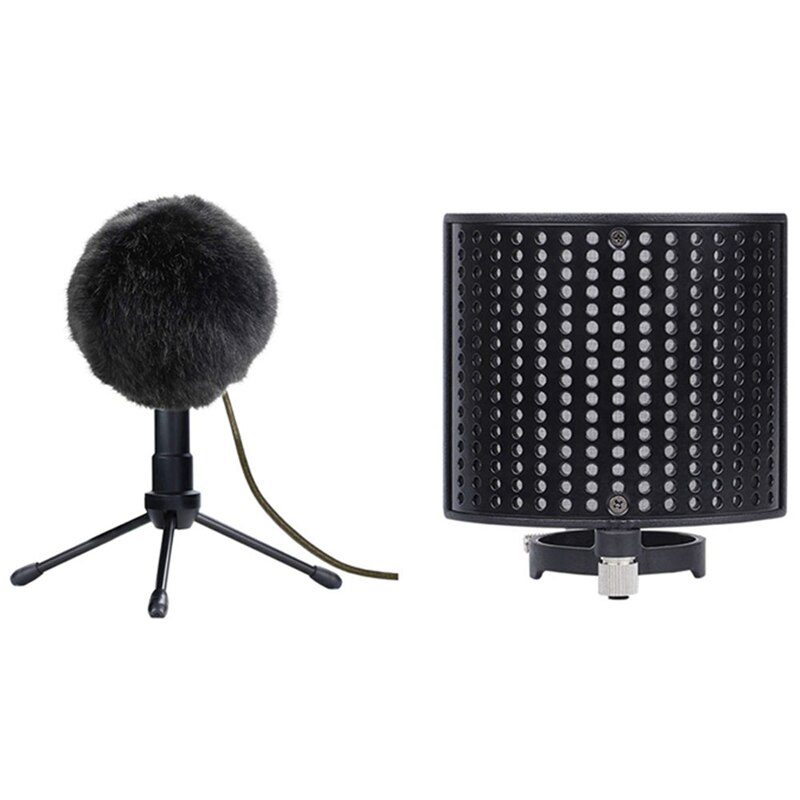 Metal mesh lag tre lag vind sn håndholdt mikrofon skjold maske 44-48mm & furry windsn til mikrofon: Default Title