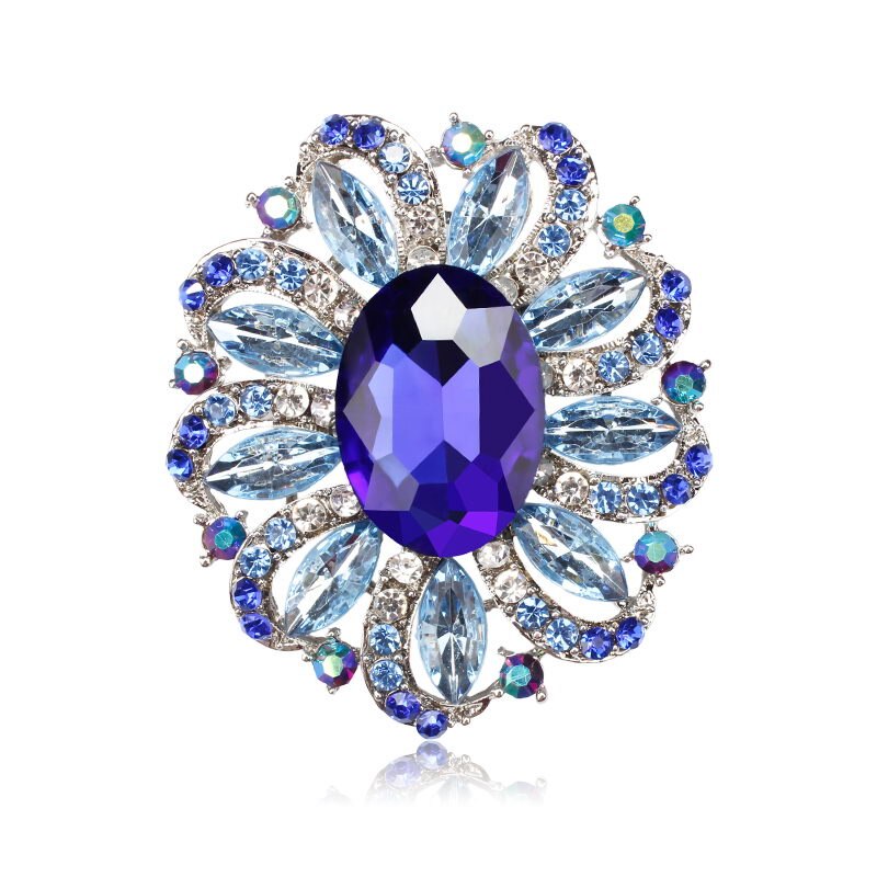Fabriek Directe Verkoop Klassieke Kristallen Steentjes en Grote Ovale Acryl Bloem Broche Pins voor Vrouwen in Diverse Kleuren: blue silver