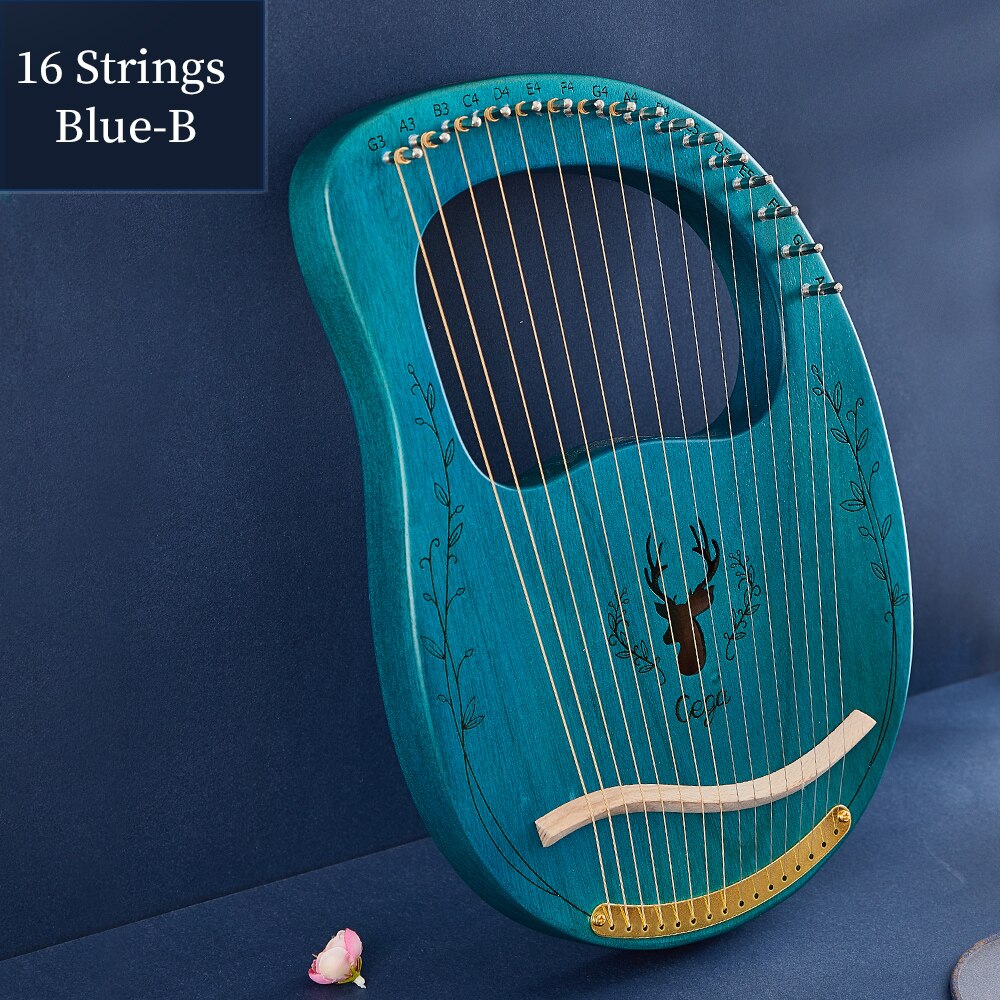 ARPA de Lira de 16 cuerdas, instrumento Musical de madera de caoba, Musicales con llave de afinación, Plectrum, Manual en inglés: 16 Strings Blue-B
