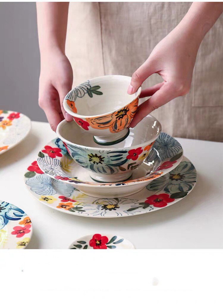 Flower Blooming Ceramic Dinnerware Set Personality Bowl Fish Plate Saucer 6/8/10 Inch Plate Double Ear Noodle Soup Bowl