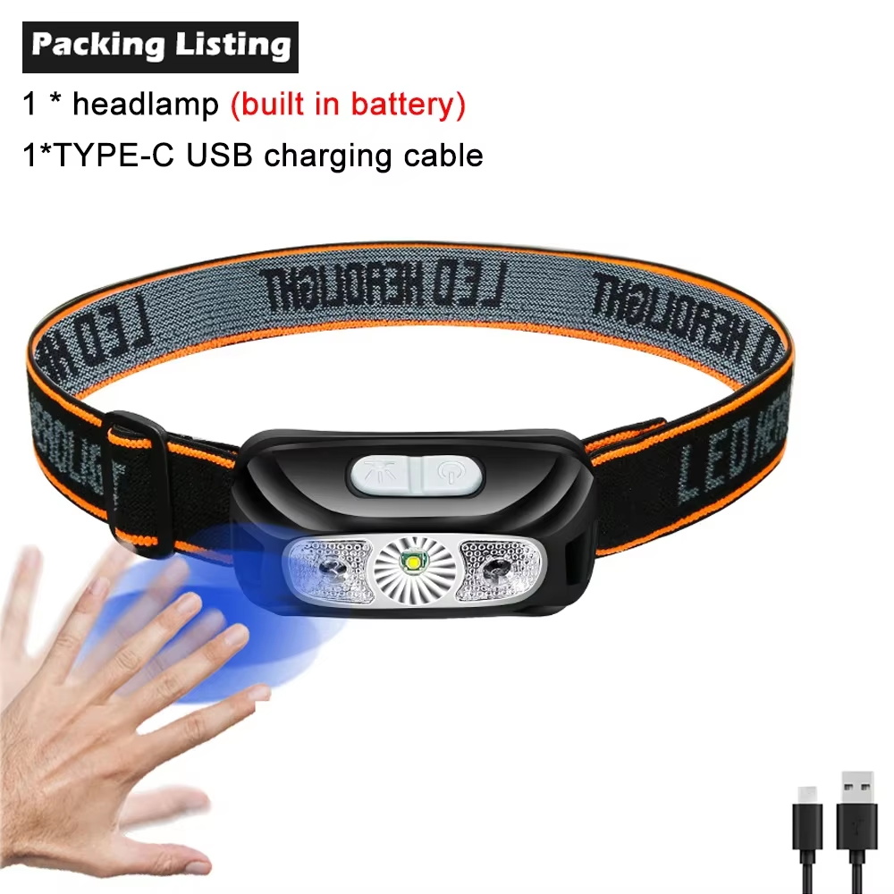 LED Induktion Scheinwerfer Kolben Sensor Scheinwerfer USB Ladung Kopf Taschenlampe Eingebaute Batterie Taschenlampe Camping Licht: Warmes Weiß