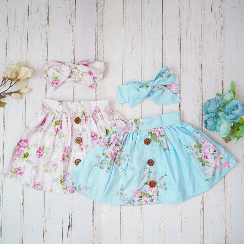 Baby piger nederdele sommer bomuld blomsterknap knælængde tutu blå pink blomsterprint skrit matchet pandebånd setjupe rokken