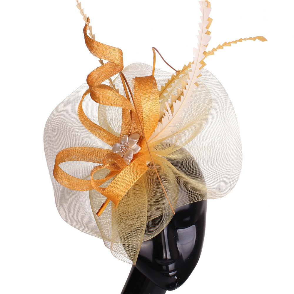 Women Sinamay Fascinators Hair Clip Wedding With Feather Nice Gold Hair Accessories Women Party Hat Wedding Headwear Hair Pins: Gold