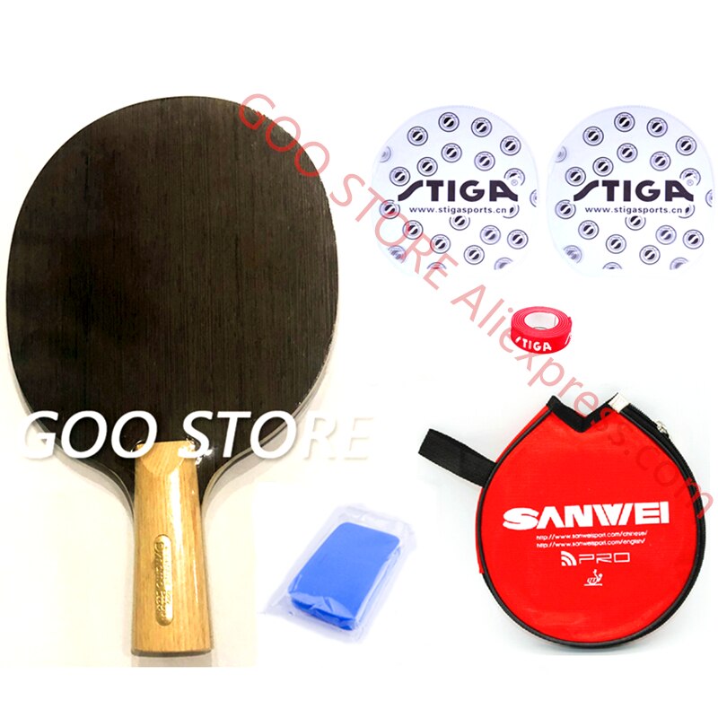 SANWEI-Pala de tenis de mesa, pala de 5 capas, de madera, mango de ciprés japonés, raqueta de Ping Pong ligera de ataque rápido, paleta de murciélago: CS with case sponge