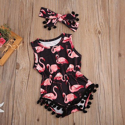 Mameluco de flamenco, conjunto de ropa de verano para 2 Uds., ropa de verano para bebé con diadema, Body para bebé, traje para niñas recién nacidas sin mangas