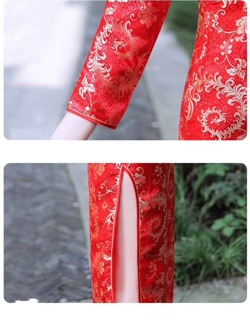 Women Long Cheongsam Slim Vintage 3/4 Sleeve Dress Tang Suit Long Dresses Wedding Evening Dress