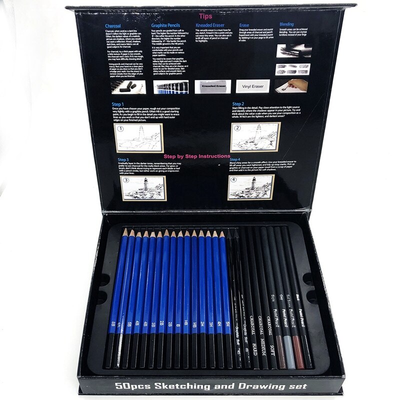 50Pcs Sketching Pencils Set Drawing Wood Pencil Kit for School Students Painting Tool Art Supplies