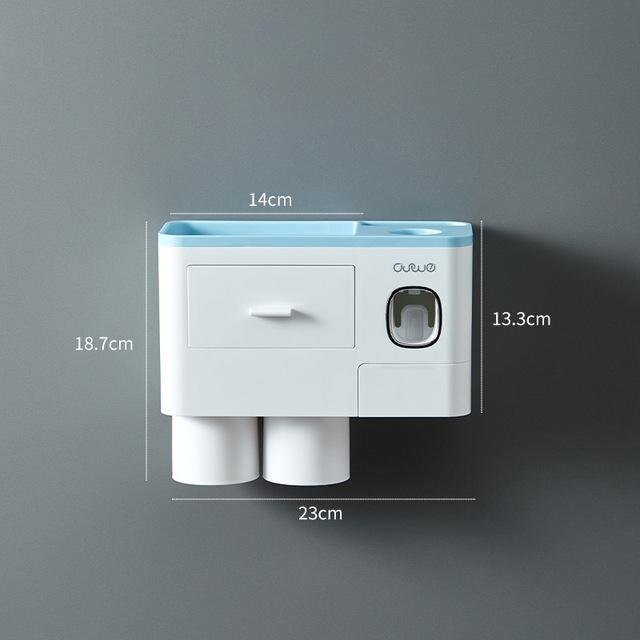 Tandbørsteholder automatisk tandpasta dispenser med kop vægbeslag toiletartikler opbevaringsstativ badeværelse tilbehørssæt: 2 kopper blå