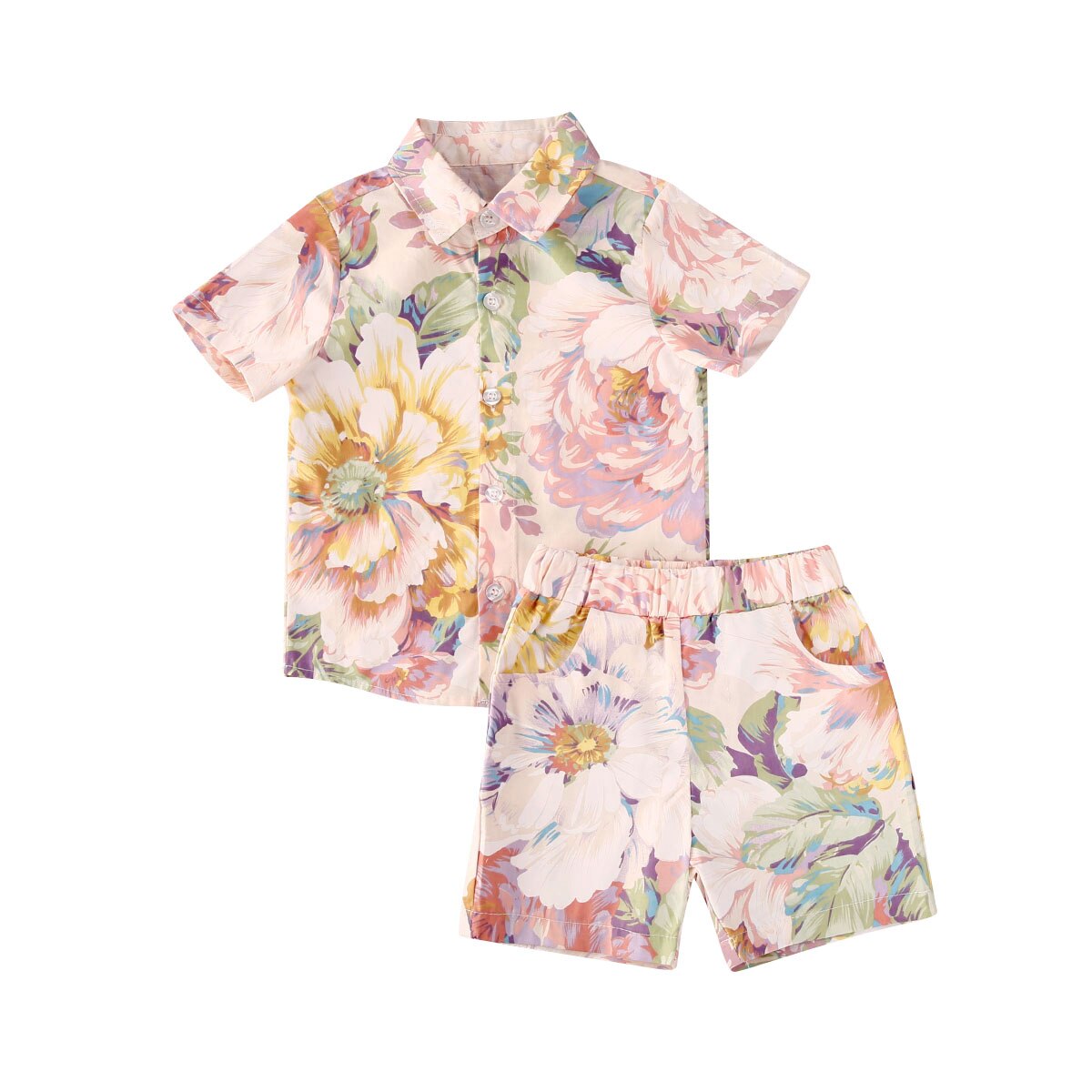 1-6Y été infantile bébé garçons vêtements ensembles imprimer à manches courtes simple boutonnage dessus de chemise + Shorts 2 pièces: Rose / 4T