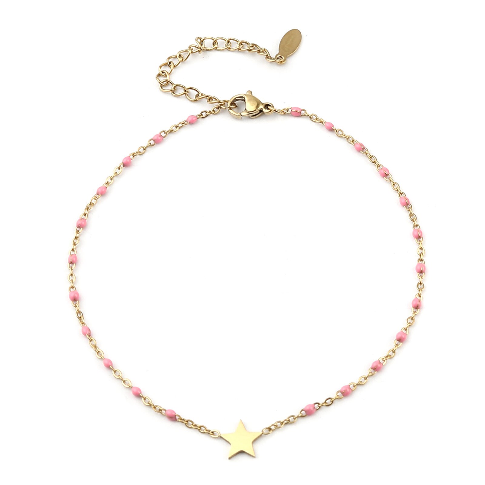 1 PC Stainless Steel Anklet Star Gold Color Enamel Multicolor On Foot Ankle Bracelets Women Men Leg Link Chain Jewelry 23cm: pink