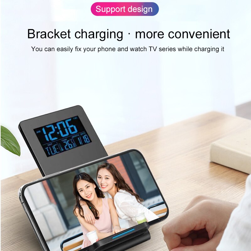 Trådløs oplader holder 10w hurtig telefon oplader stativ desktop oplader telefon holder med digitalt vækkeur til kontor soveværelse
