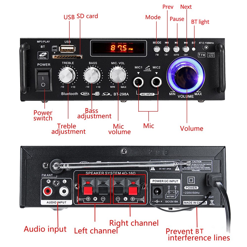 GAP-298A amplificatore per auto 600W Audio Stereo potenza BT FM Radio 2CH Home Theater amplificatore AmpMini