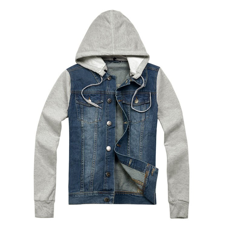 Höst herrjacka jeansjacka med huva jeans sweatshirt ärm jeansjacka!