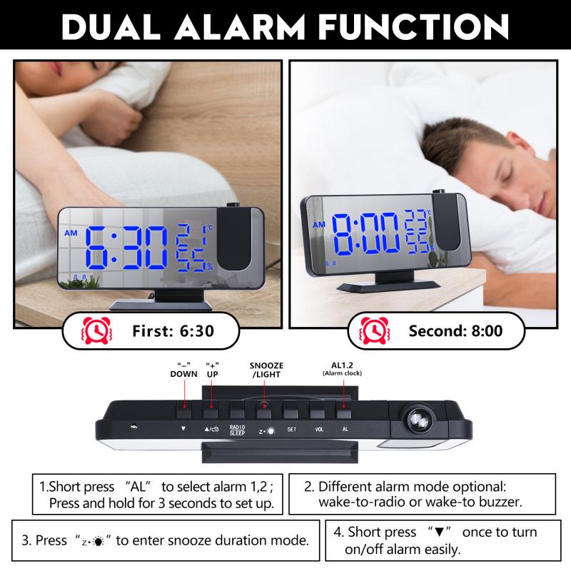 LED Digital Alarm Clock HD Red Projection With Temperature/humidity Display Radio Function USB Mirror Bedside Clock