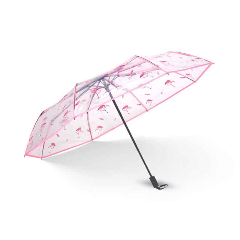 Fille multicolore ensoleillé pluie parapluie Transparent pliant parapluie complètement automatique parapluie léger trois fois parapluie: Manually Flamingo