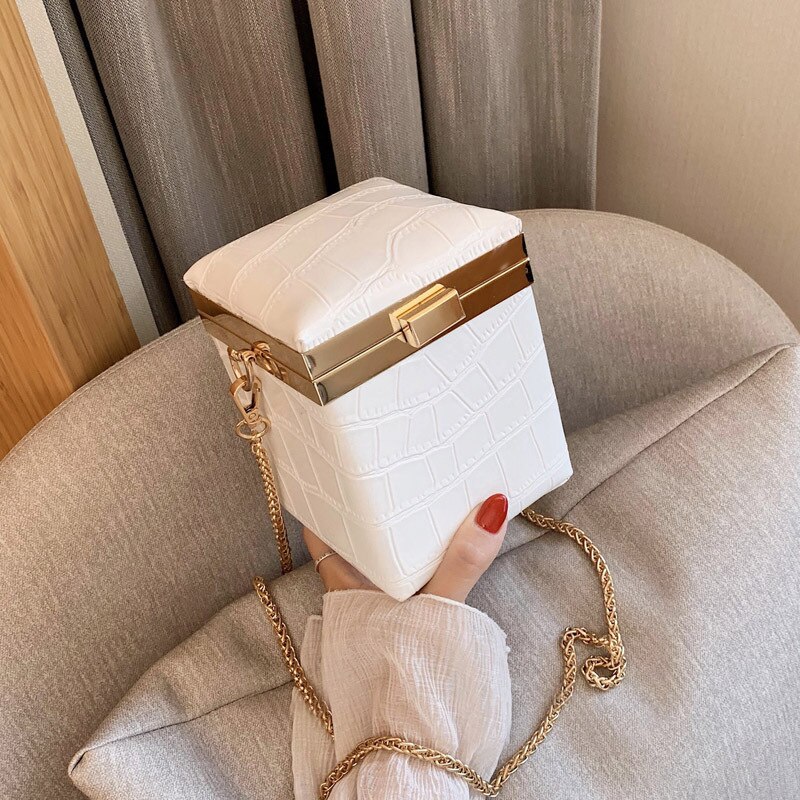 Mini crossbody tas met krokodillenmotief, hoge pu leren dames handtas, schoudertas met ketting: Roomwit