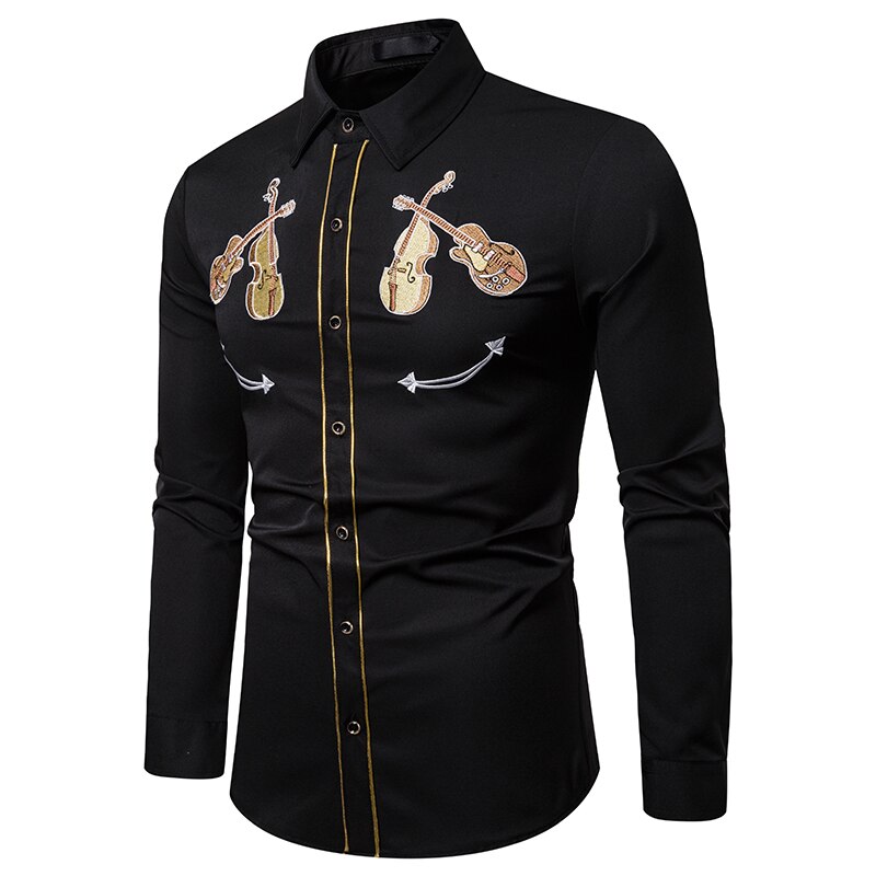 Mænds western cowboy violin broderi skjorte afslappet button down skjorter slim fit langærmede festskjorter personlighed: Sort / S bryst 100cm