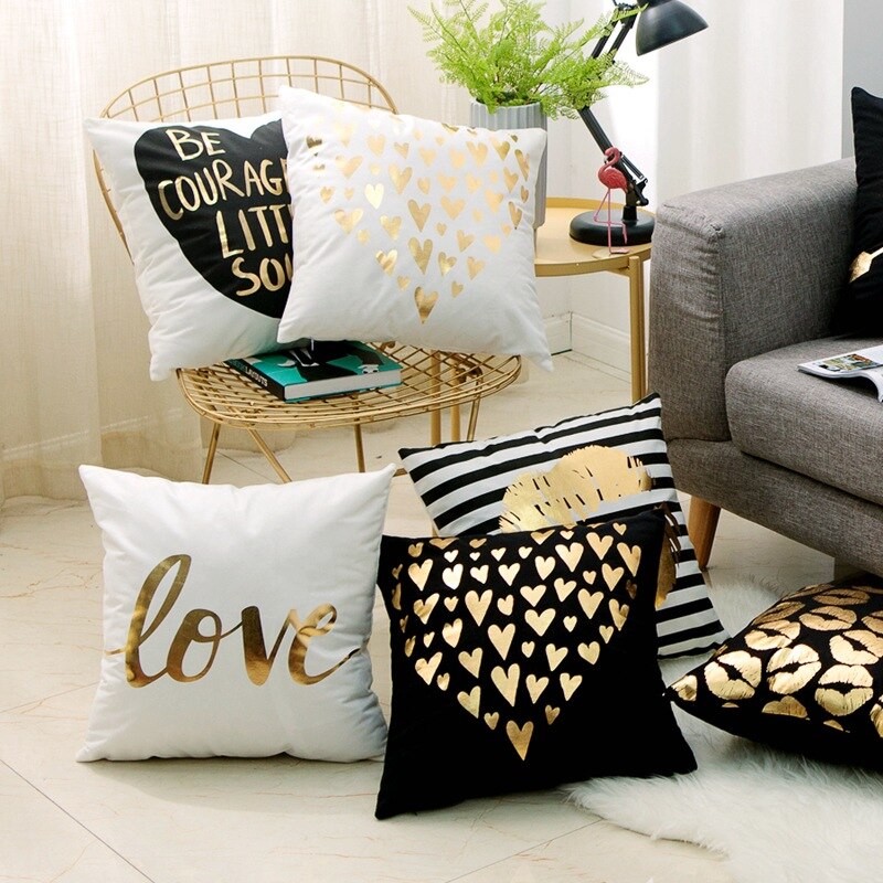 Cojín dorado negro bronce corazón labios lámina de oro cojines almohadones decorativos decoración para el hogar almohada sofá